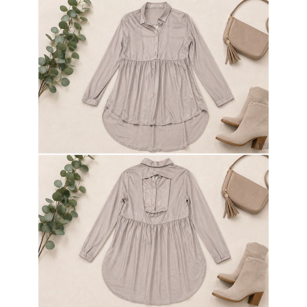 Mustard Seed Taupe Grey High Low Babydoll Tunic Cutout Back Top M
